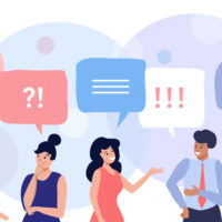 Group of people talking and thinking, friends with speech bubbles, vector flat illustration