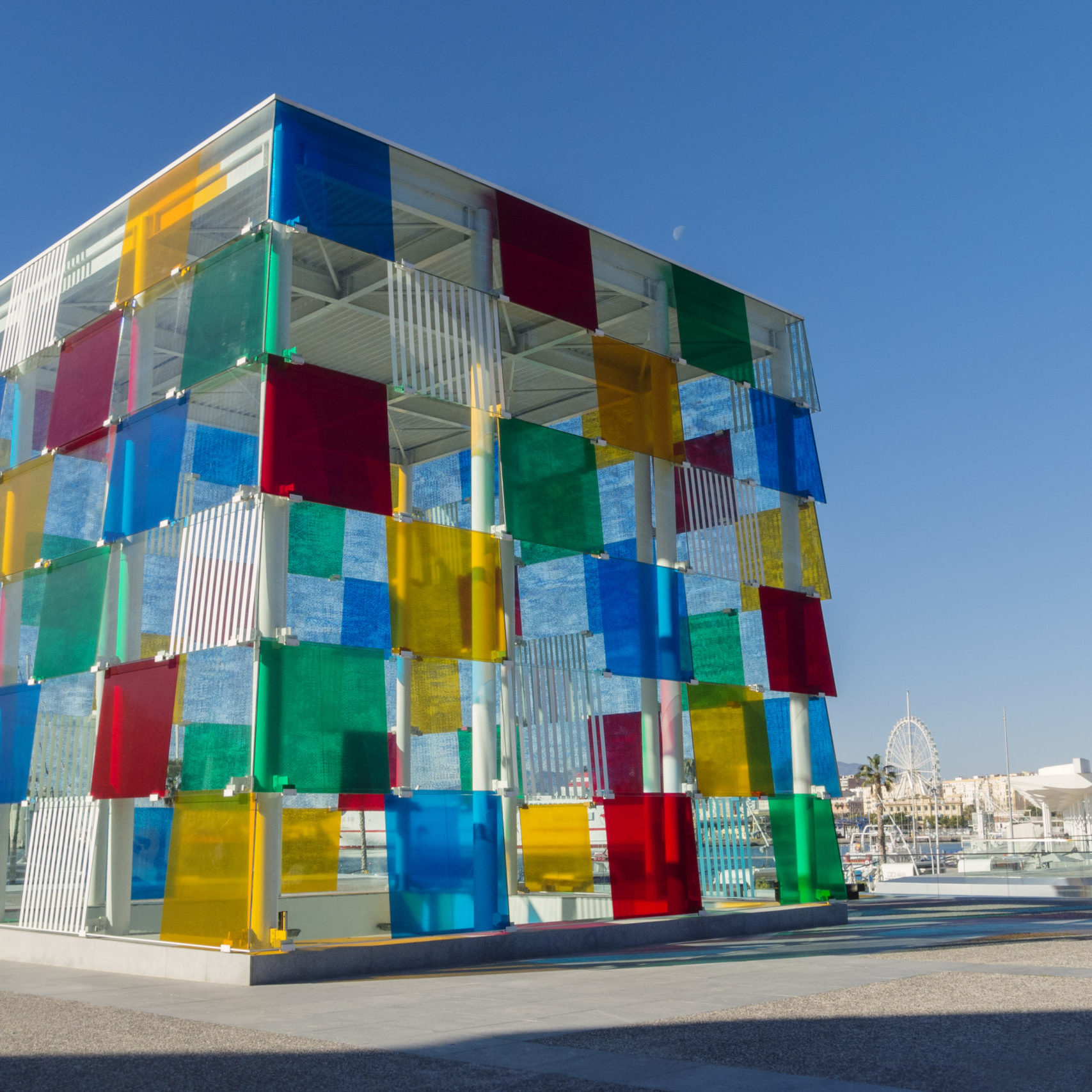 Málaga, Andalucia, Spain – March 1, 2016: Centre Pompidou Málaga, an iconic building also known as “El Cubo” (“the Cube”), located on the harbour.