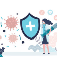 Female doctor stops spread of virus and disease. Woman holds security shield and syringe with a vaccine. Medical worker in uniform. Health care concept. Global epidemic or pandemic. Vector