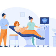 Prenatal care concept. Sonographer scanning and examining pregnant woman while expecting father looking at monitor. Vector illustration for medical examination, sonography, ultrasound test topics
