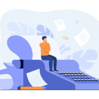 Tiny screenwriter sitting on retro typewriter, thinking screenplay while paper drafts flying around author. Vector illustration for creative job, book or story writing concept