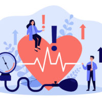 Tiny doctors examining heart health flat vector illustration. Cartoon medical specialists doing checkup of blood pressure, pulse rate and cholesterol. Cardiovascular disease and cardiology concept